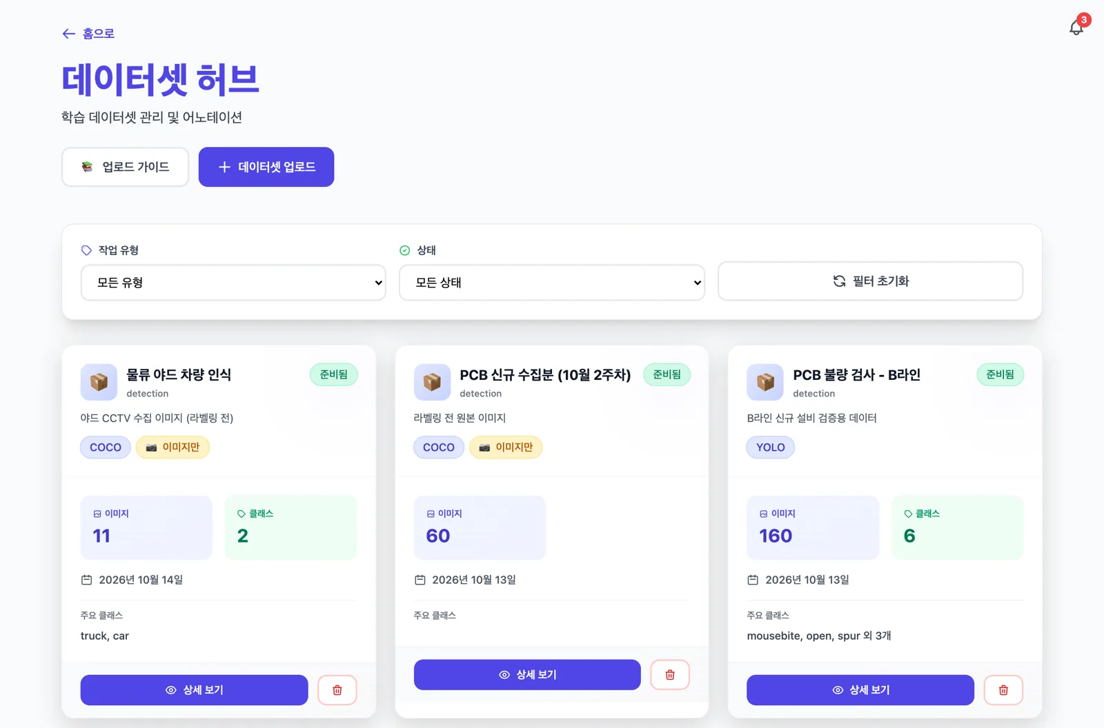 miniOps 데이터셋 허브 화면
